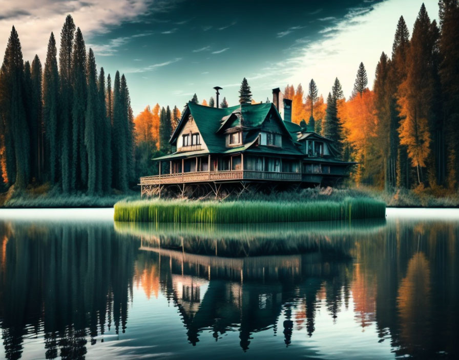 Tranquil autumn scene: wooden house on island, reflective lake, tall trees.