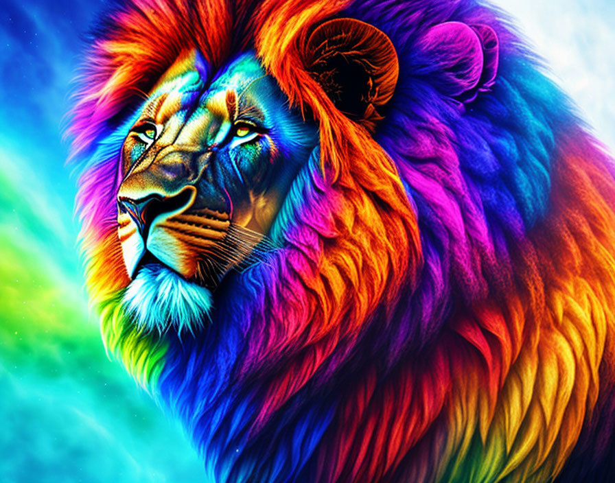 Colorful Digital Artwork: Lion with Rainbow Mane on Abstract Background