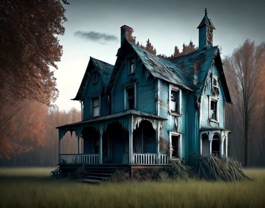 Dilapidated two-story Victorian house with peeling blue paint and barren trees under dusky sky