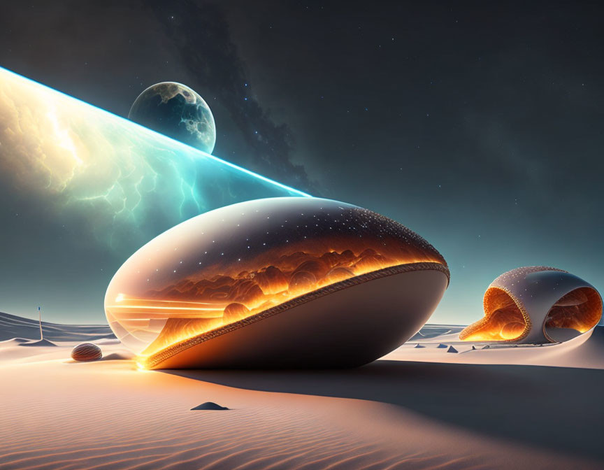 Alien spacecraft with glowing interiors in desert under starry sky