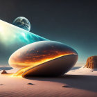 Alien spacecraft with glowing interiors in desert under starry sky