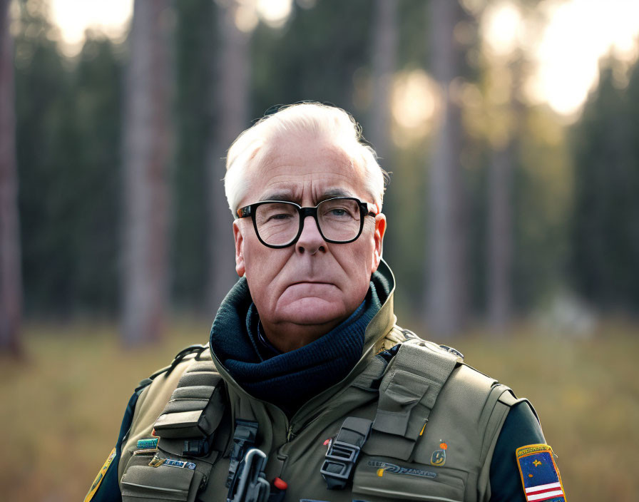 Elderly man in military uniform standing in forest