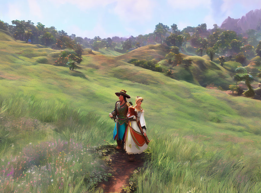 Couple in Vintage Clothing Walking in Sunlit Meadow