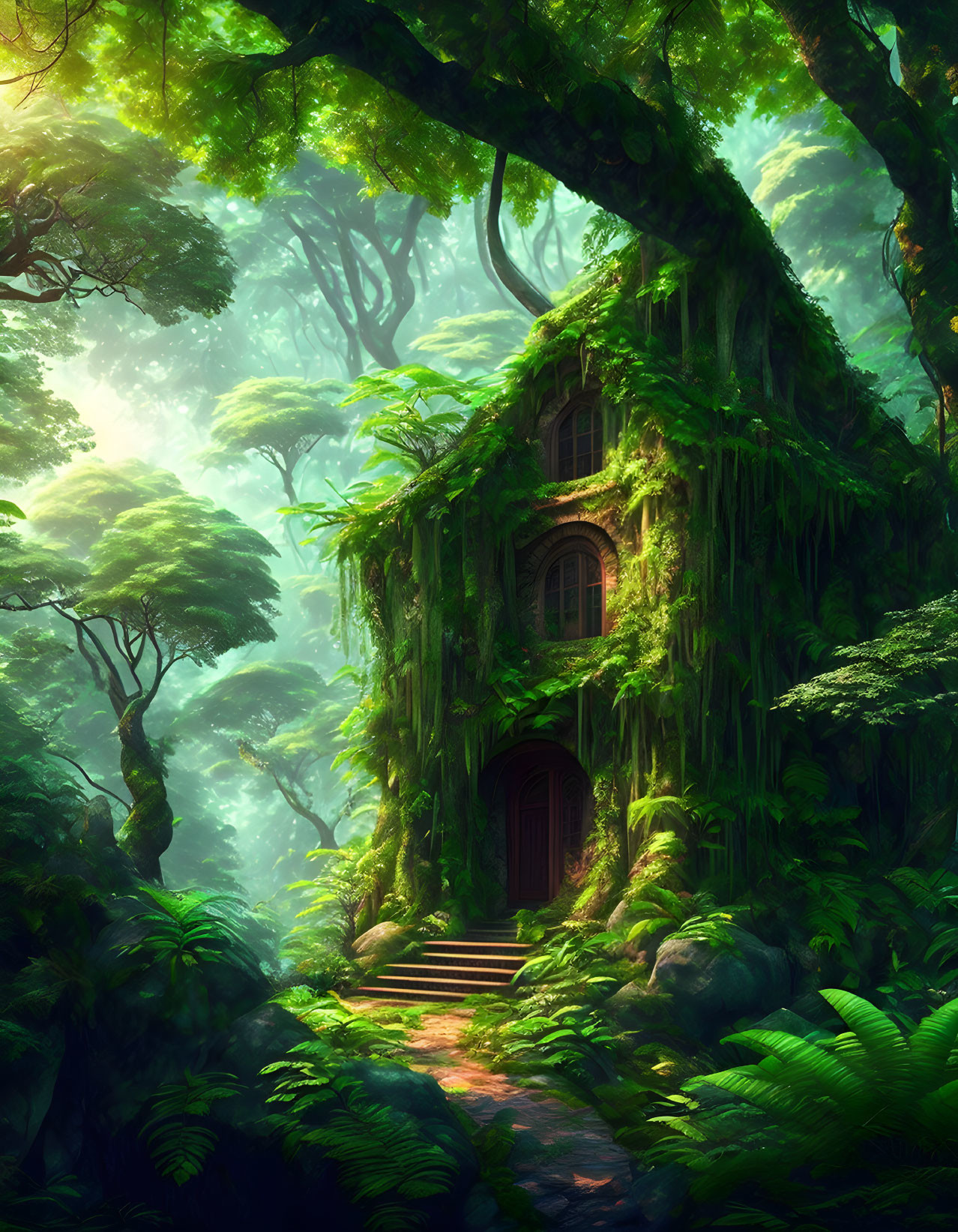 Mystical forest treehouse surrounded by lush foliage and vines