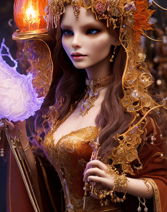 Fantasy portrait of woman in golden attire with glowing orb and lantern