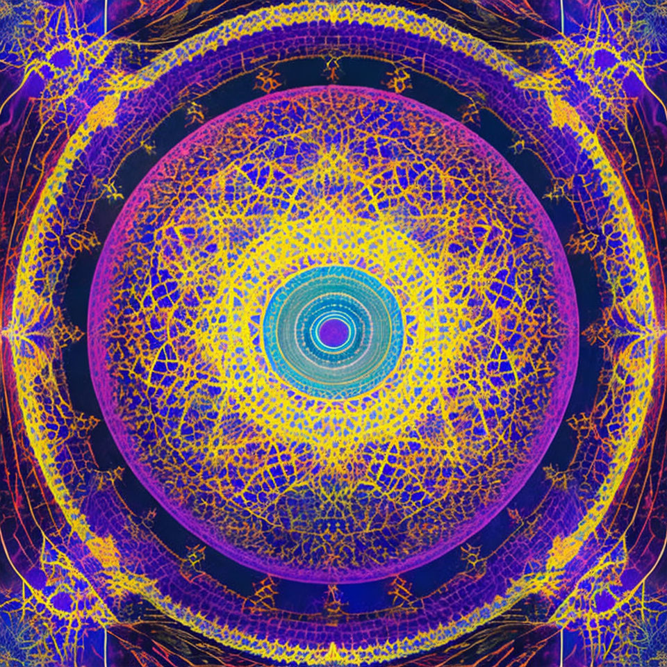 Colorful concentric circles in vivid blues and purples with intricate fractal-like designs.