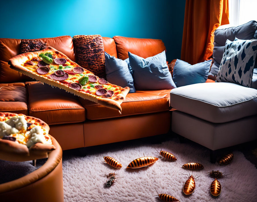 Pepperoni pizza slice on leather sofa with cockroaches in room