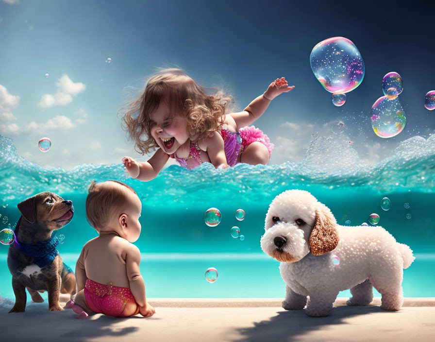 Children playing with dogs by water under a blue sky with bubbles