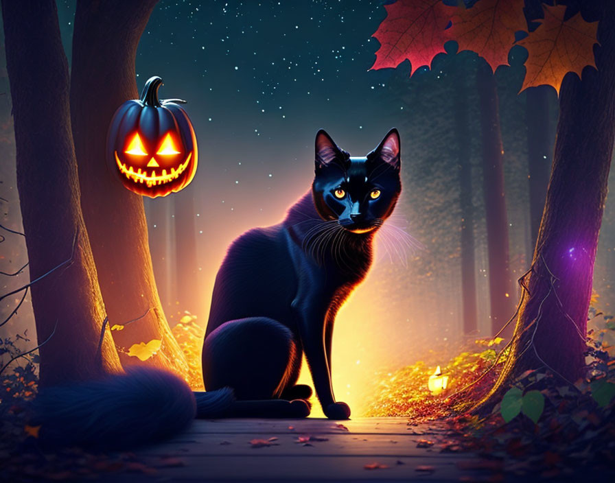 Black Cat with Yellow Eyes in Autumn Setting with Jack-o'-lantern