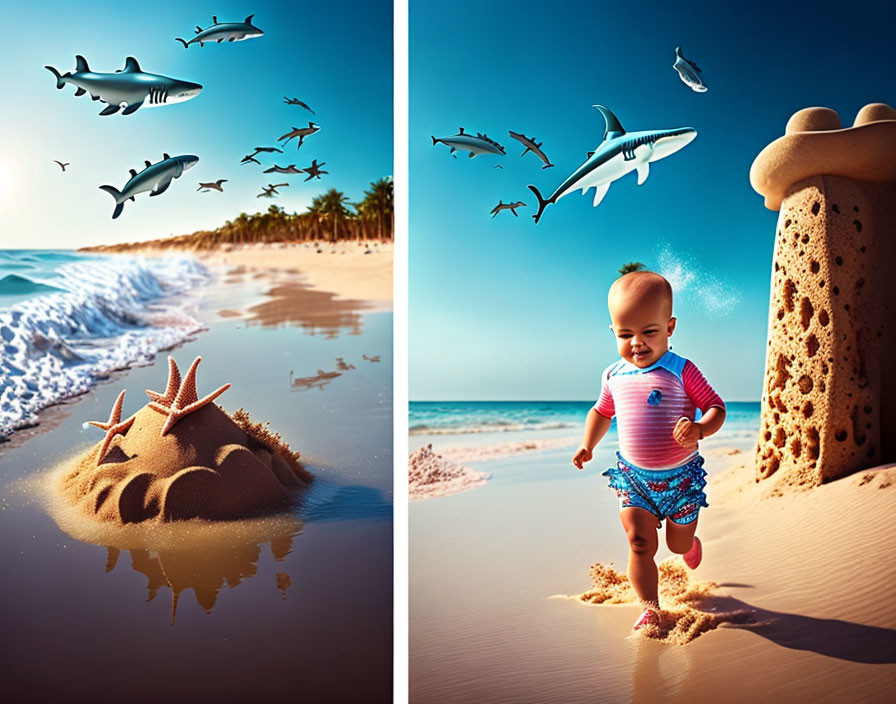 Surreal beach scene with flying sharks and happy toddler running by sandcastle