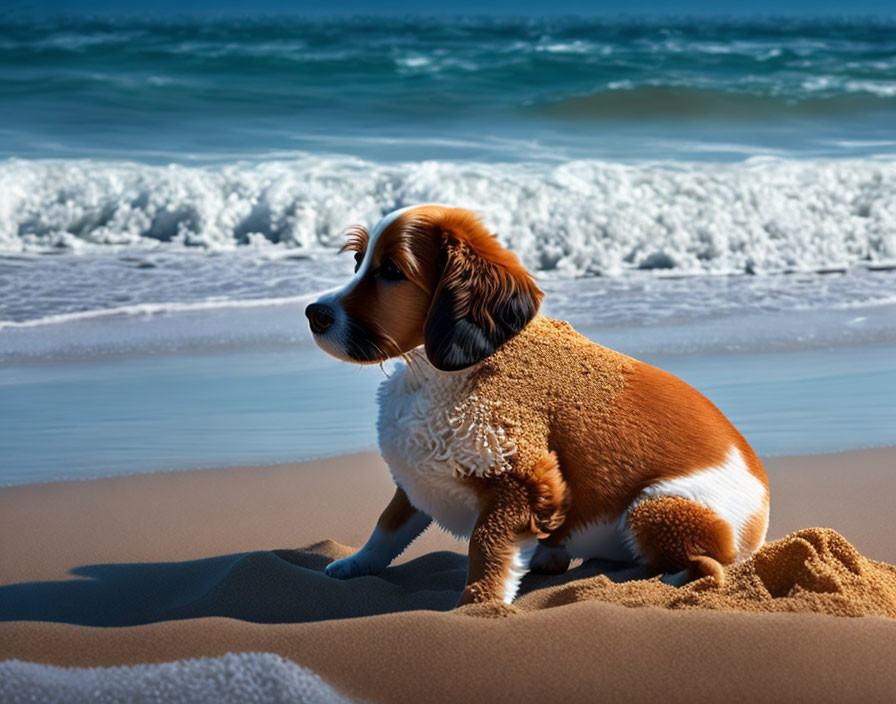 Brown and White Dog Sitting on Sand by Sea with Rolling Waves