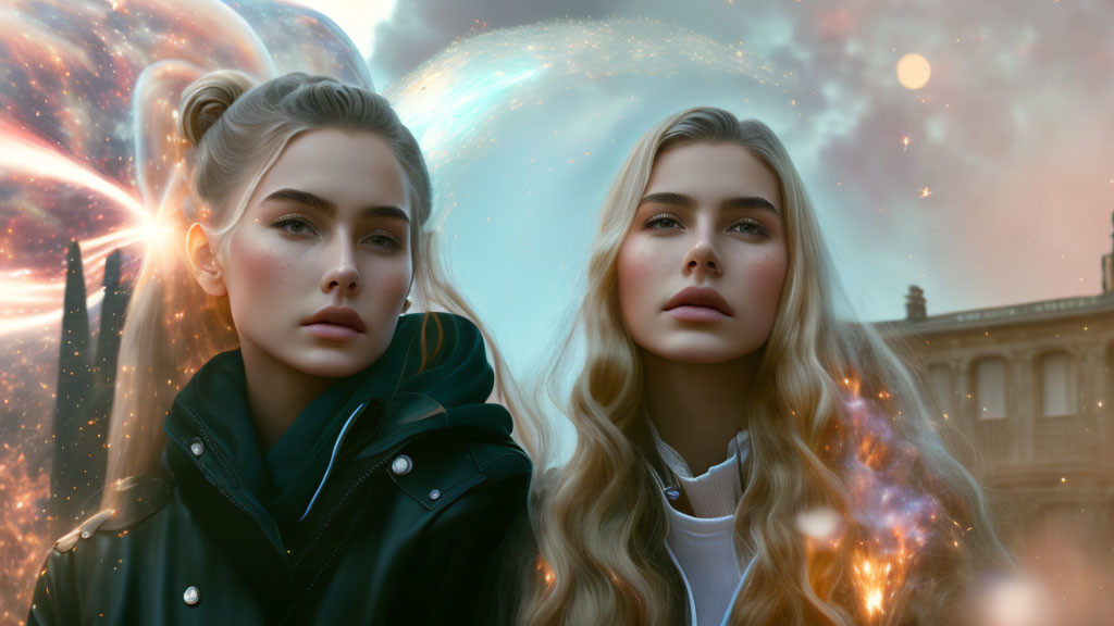 Twin women digital art in cosmic fantasy/sci-fi setting