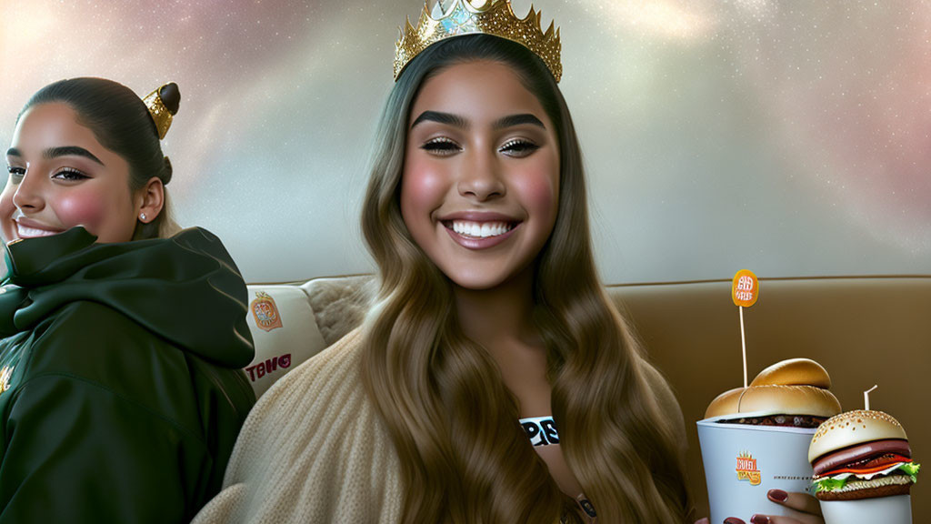 Two women in crowns at fast food restaurant, one with drink, other holding burger