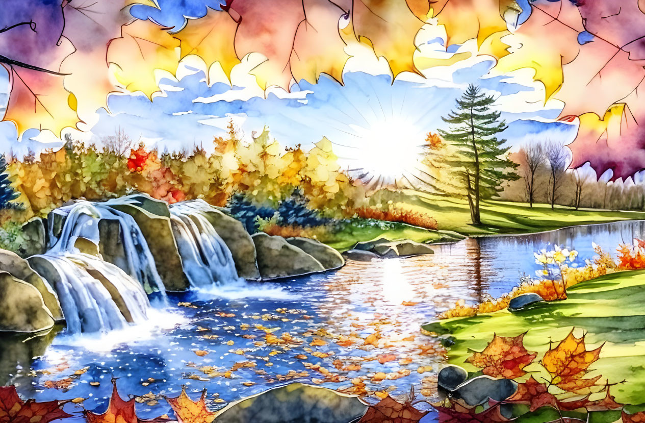 Serene autumnal scene with waterfall, river, foliage, and sunburst