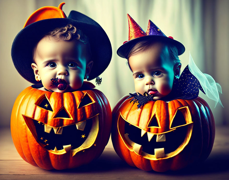 Babies in witch hats on pumpkins with Halloween backdrop