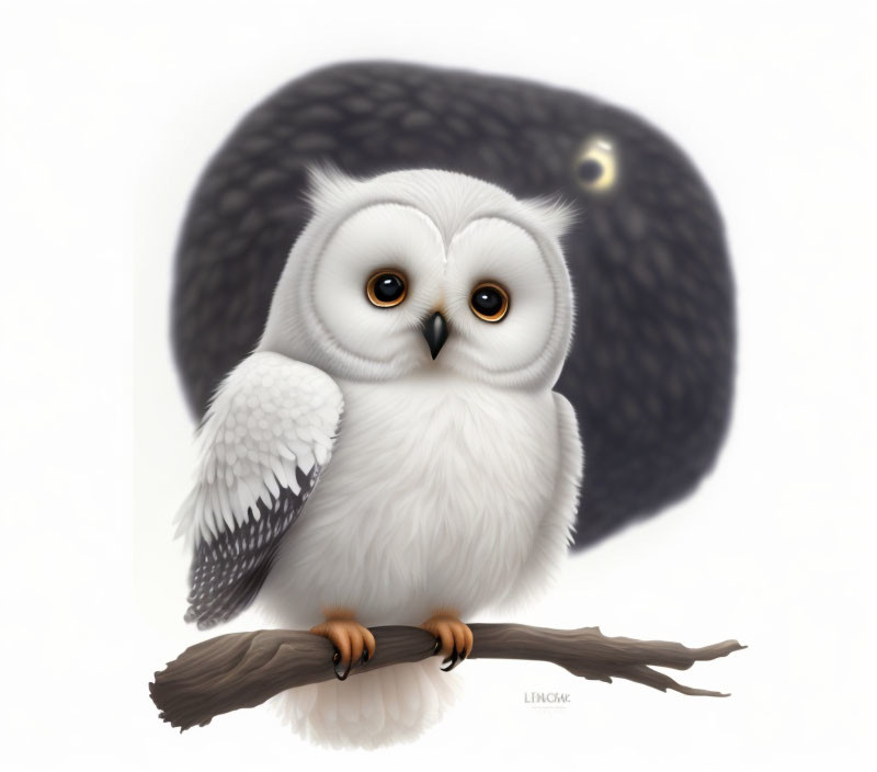 White Owl Illustration with Large Eyes on Branch and Shadowy Silhouette