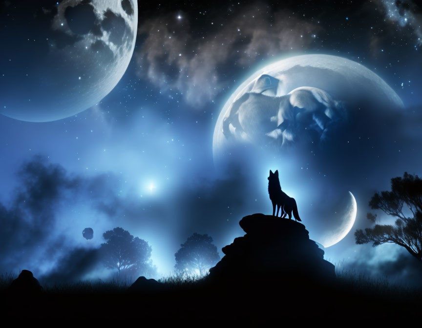 Wolf howling under surreal night sky with two moons and nebulae