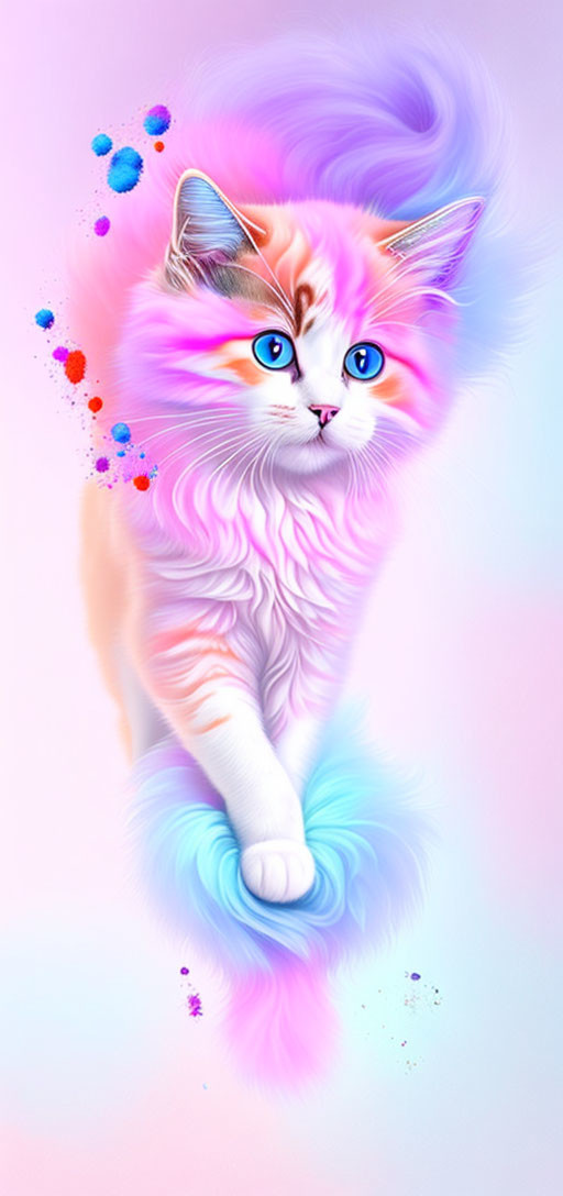 Vibrant fluffy cat art with pink, blue, and orange hues