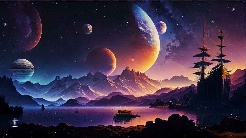 Fantasy landscape with sailing ship on calm lake, mountains, starry sky, large planets