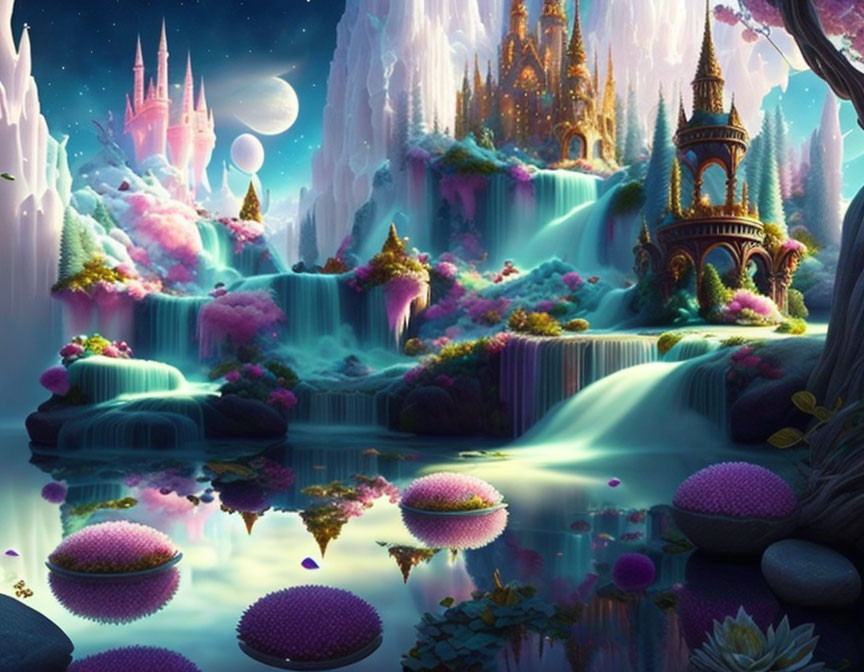 Fantastical landscape with glowing waterfalls, castle, vibrant flora, and floating plants on serene lake