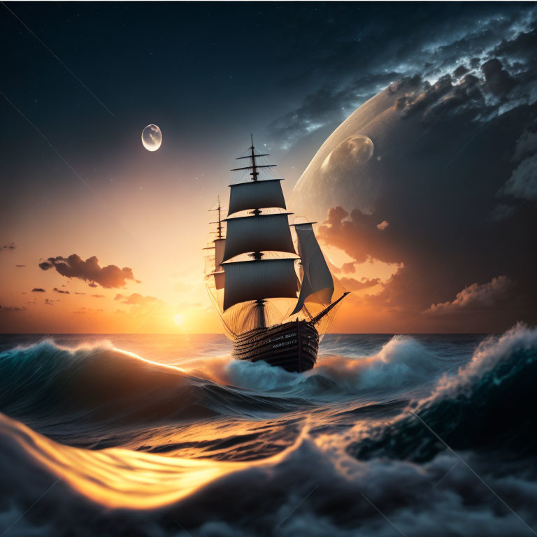 Sailing ship on stormy seas at sunset with moon and celestial body in dramatic sky