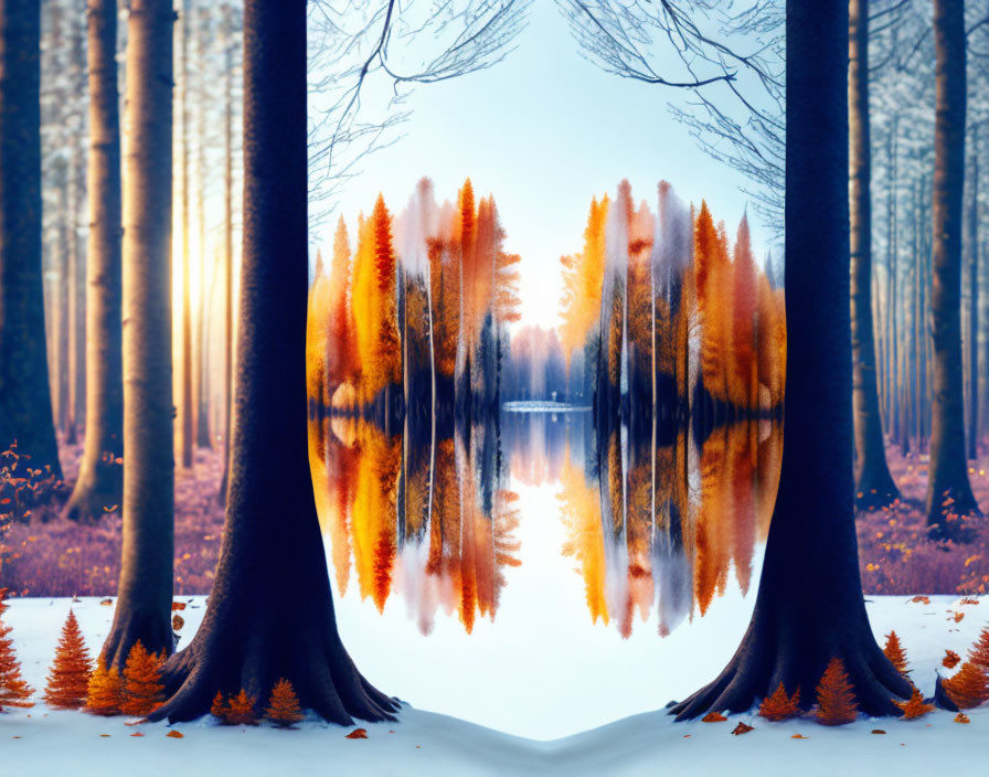 Symmetrical autumn forest reflected in serene lake