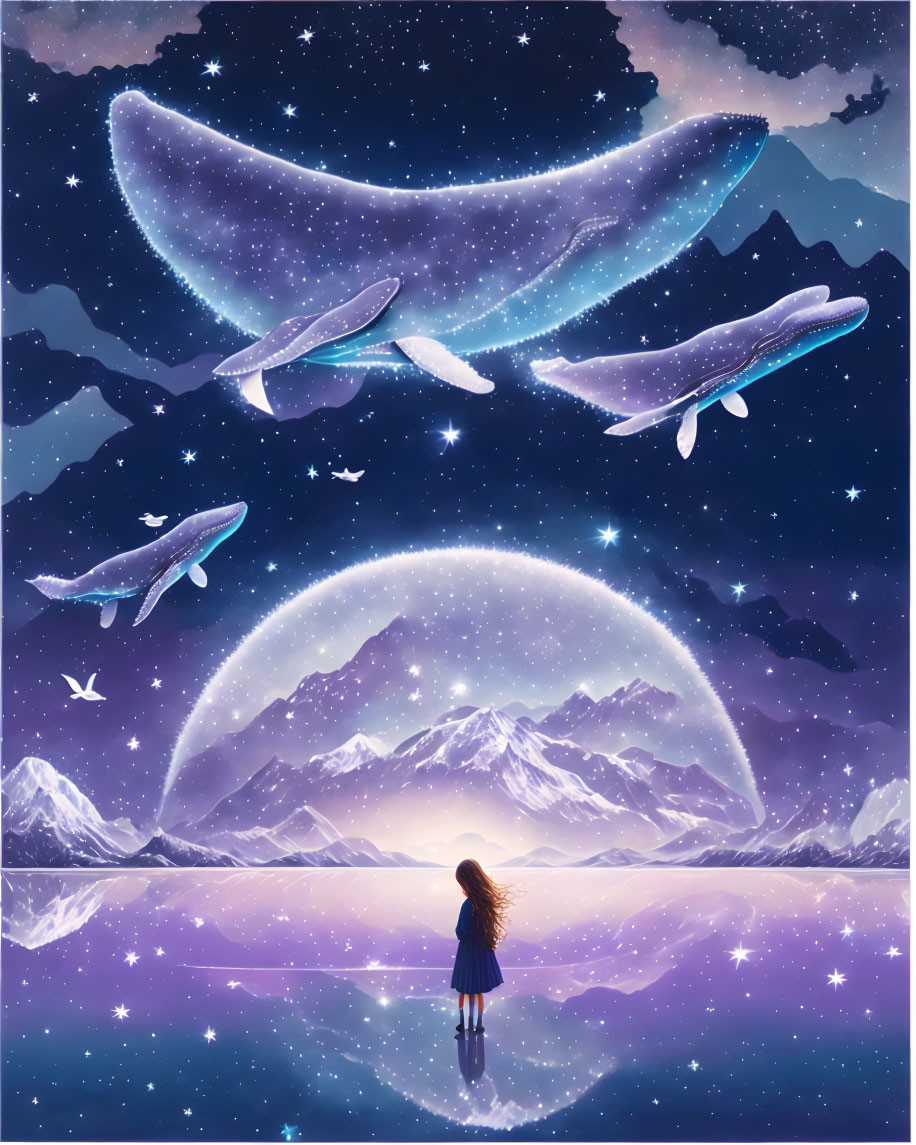 Person admiring giant whales in starry sky over mountains and reflective water