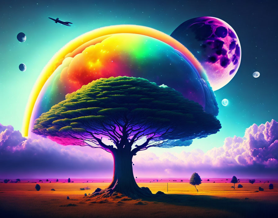 Colorful Rainbow Canopy Tree in Surreal Twilight Landscape