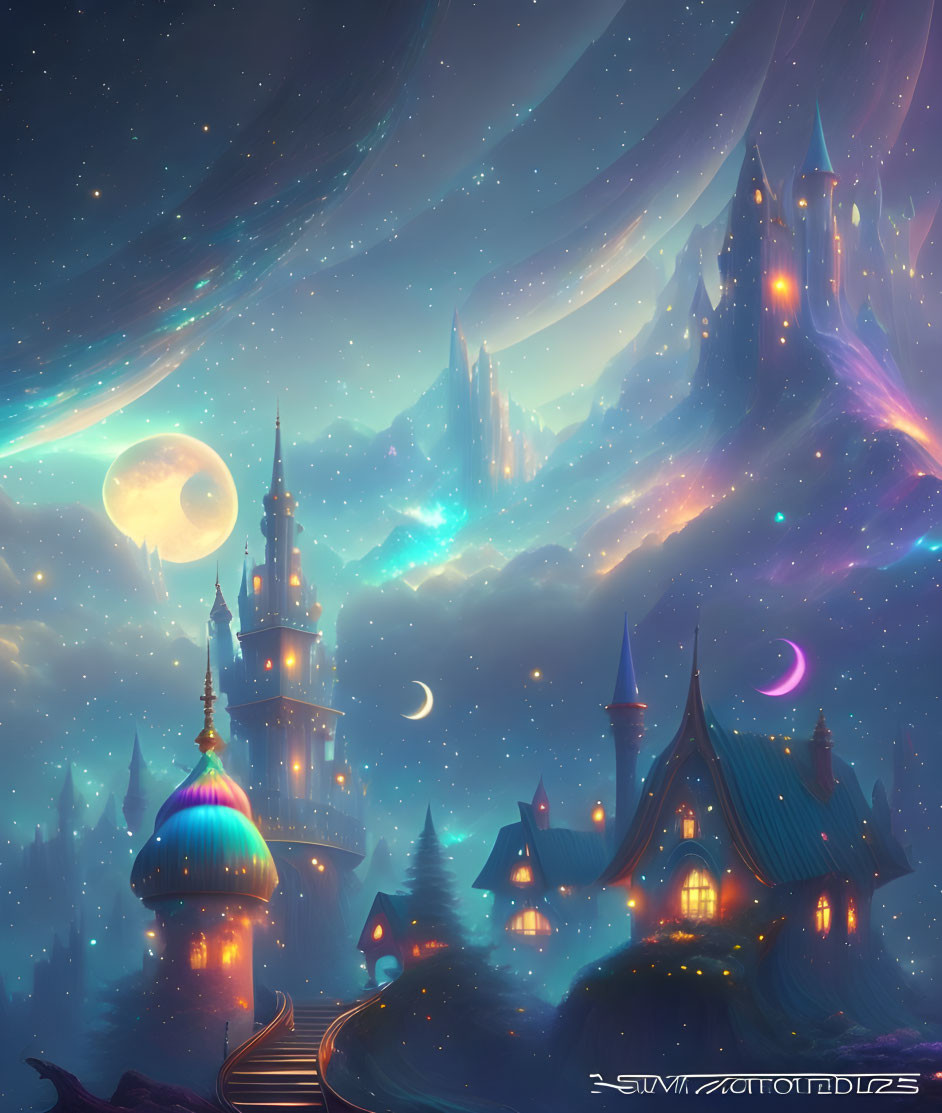 Fantastical night scene: glowing castle on hill, radiant mountains, starry sky with moons and