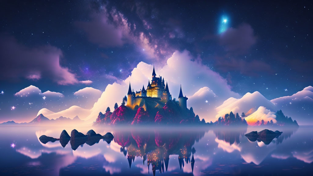 Majestic castle on hill surrounded by clouds at night