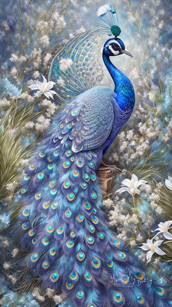 Colorful peacock with vibrant blue and green plumage in floral setting