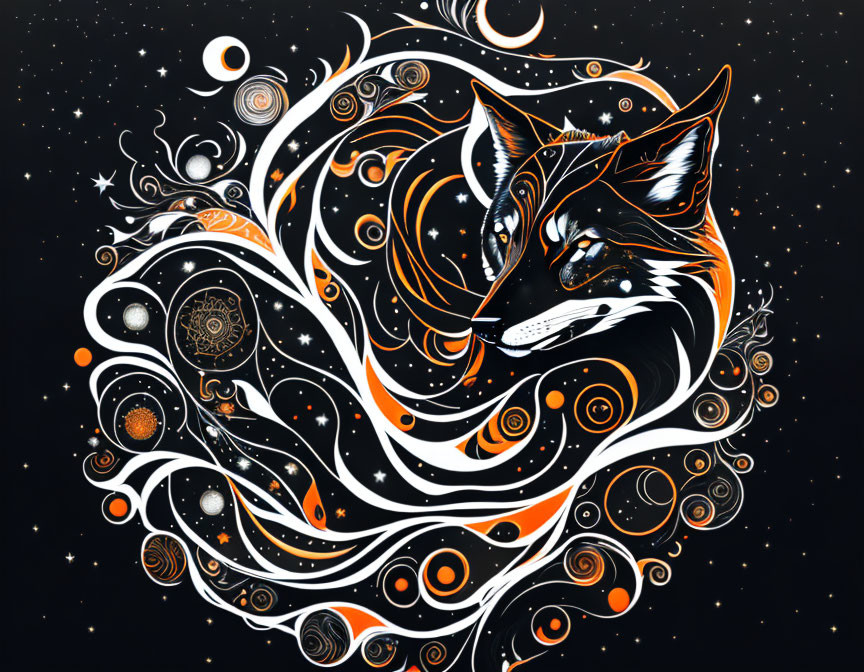 Fox with ornate orange and white patterns on starry black background