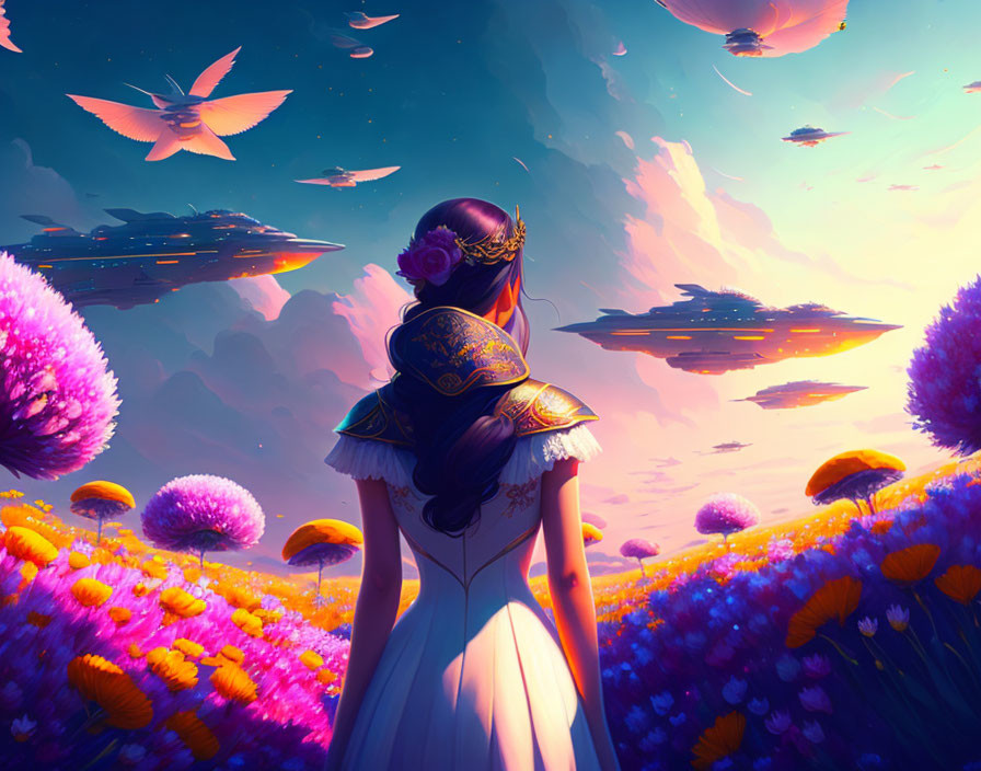 Woman in White Dress in Flower Field with Fantasy Sky & Bird Creature