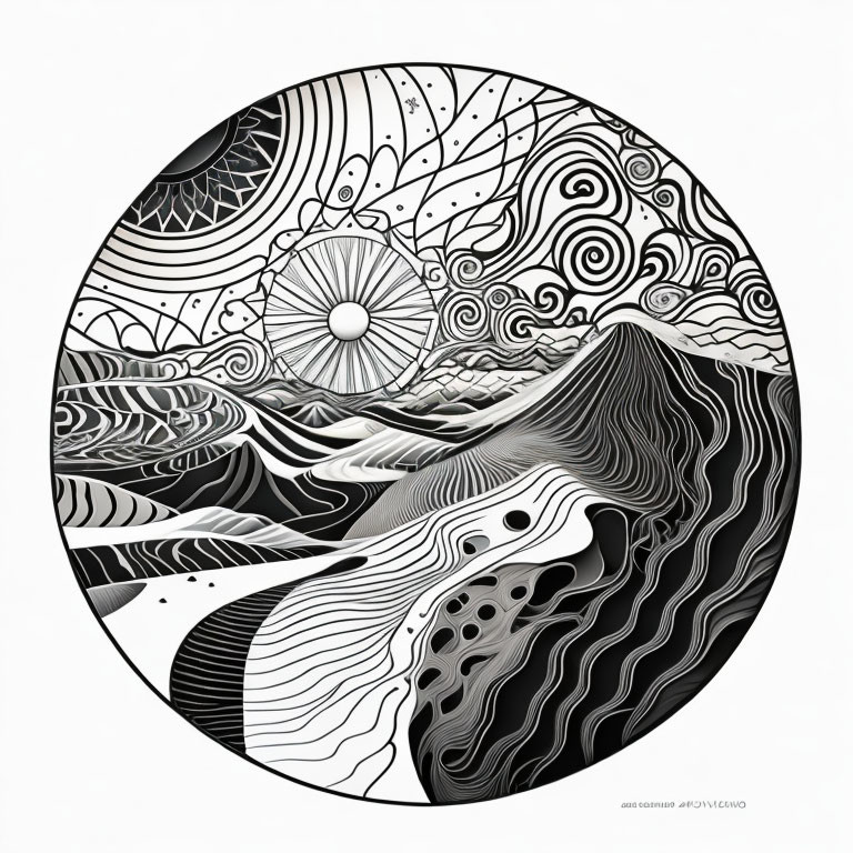 Abstract Black and White Circular Artwork with Natural Landscapes and Psychedelic Patterns