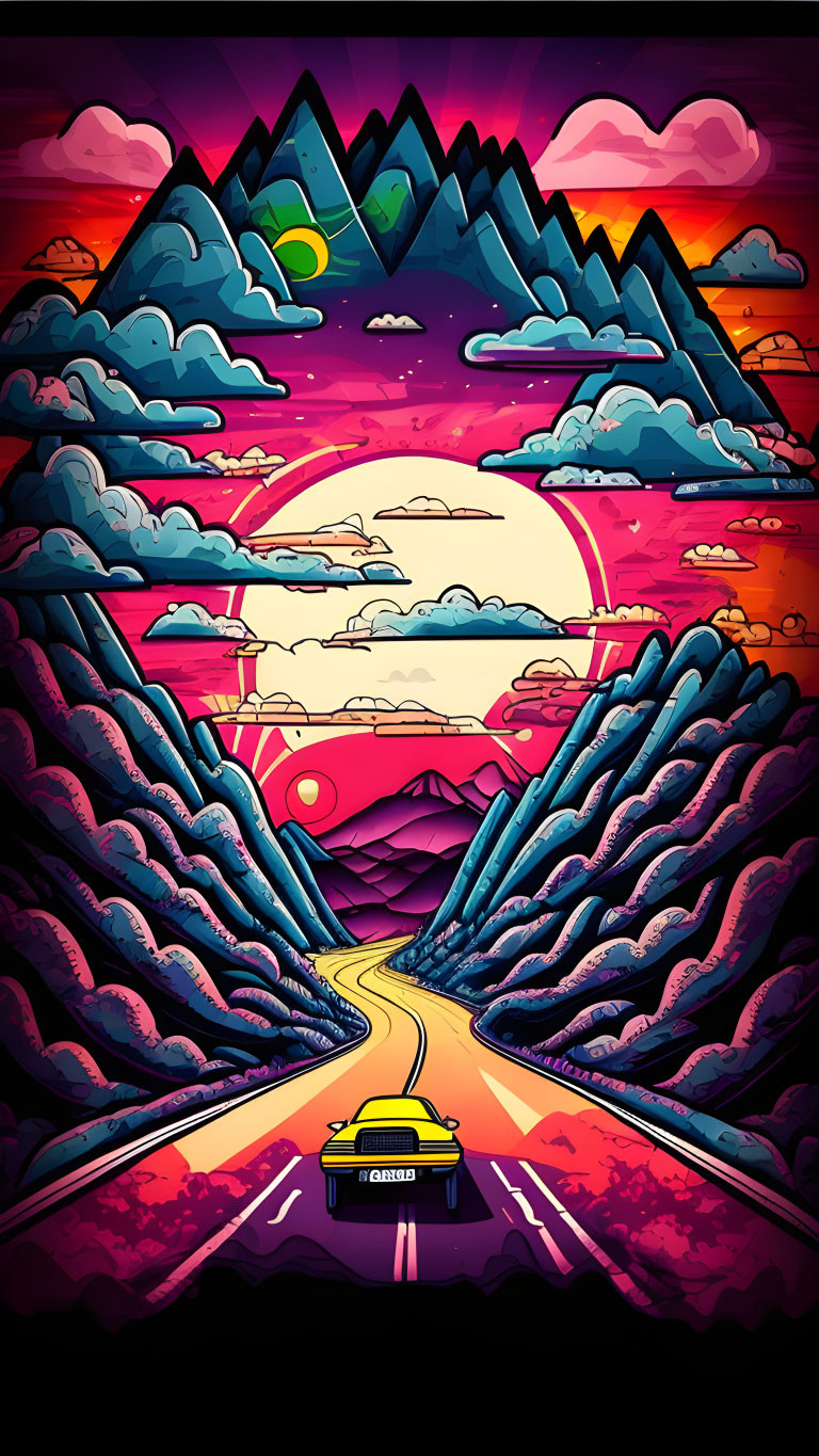 Colorful Illustration: Yellow Car on Mountain Road with Celestial Sky