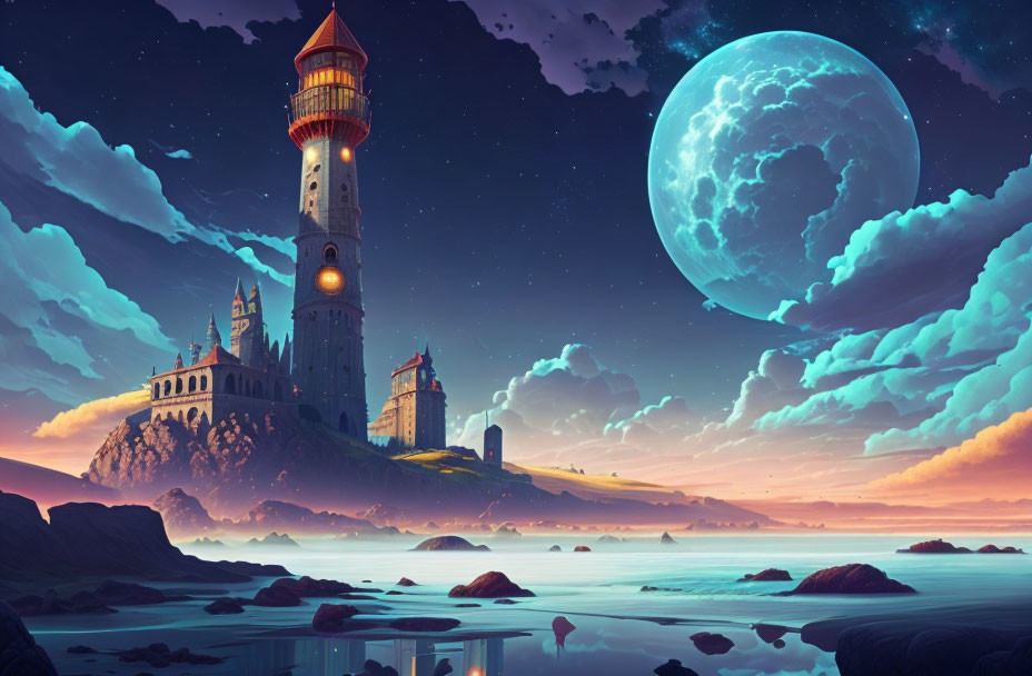 Fantastical landscape with lighthouse, starry sky, moon, tranquil sea, floating islands