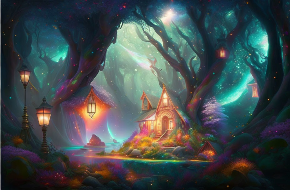 Enchanting forest glade with glowing lanterns and cozy cottage