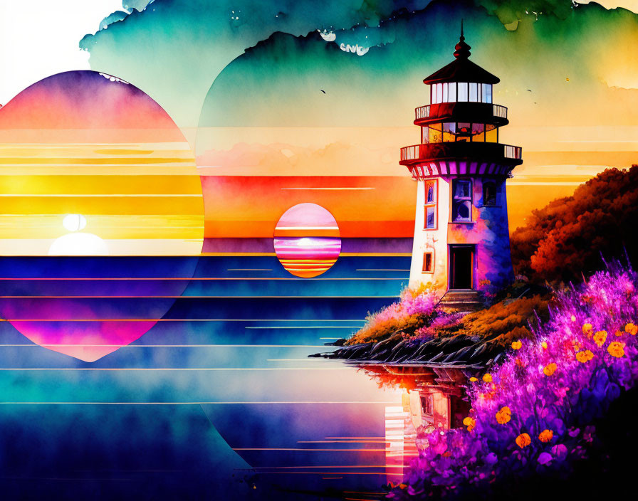 Colorful sunset scene with lighthouse, cliff, and flowers in vibrant illustration