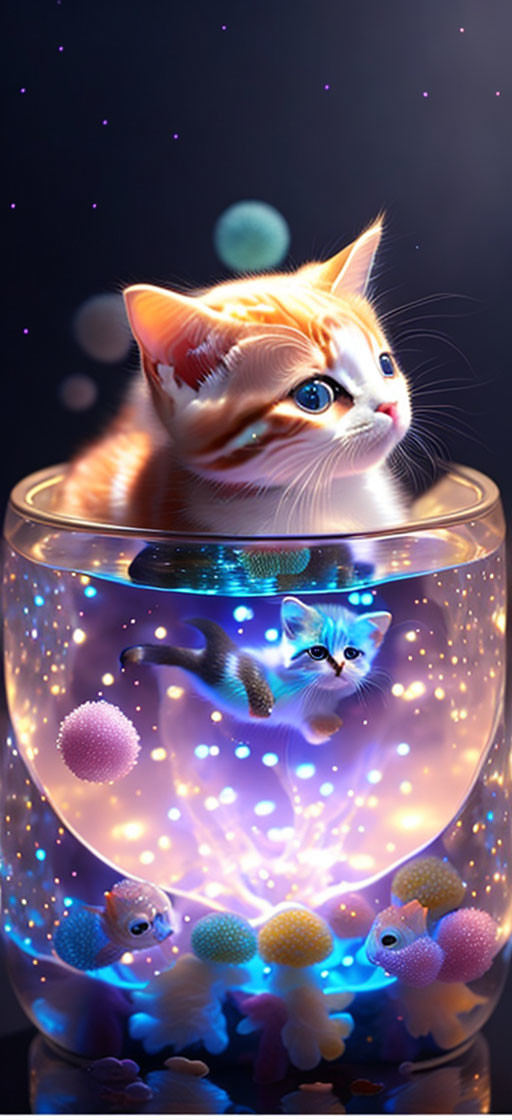 Orange Kitten with Fishbowl and Coral Under Starry Sky