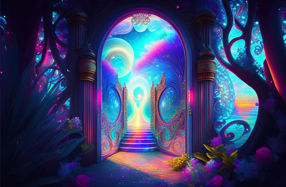 Ornate Open Doorway to Vibrant Magical Realm