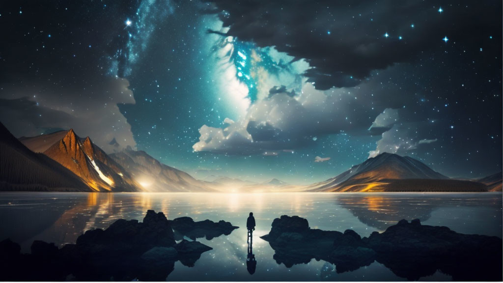 Person standing on reflective surface under dramatic night sky with galaxy, mountains, and bright lights.