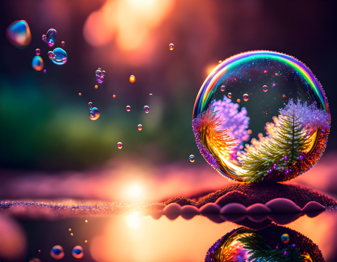 Colorful bokeh background with iridescent bubble and floating bubbles