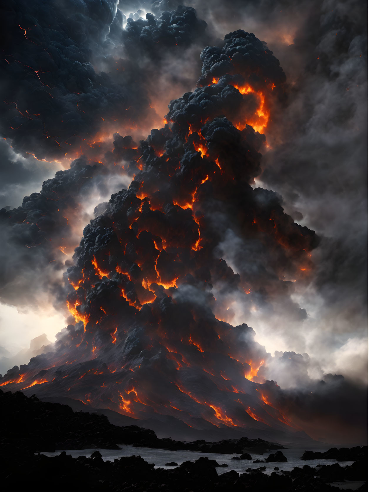 Majestic volcanic eruption with fiery skies and lightning