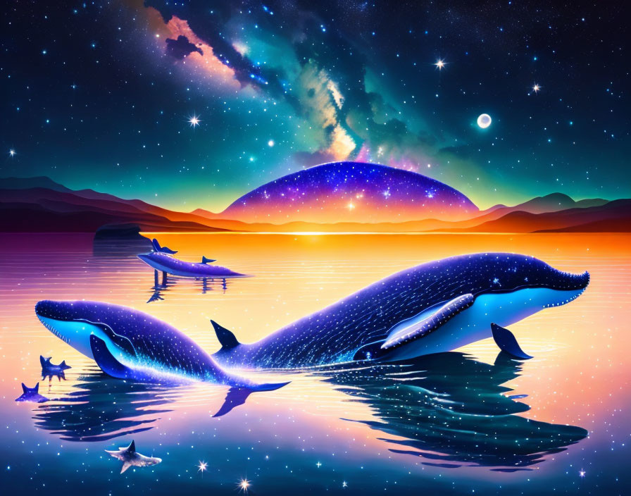 Whales with starry bodies in serene sea with purple mountains - digital artwork