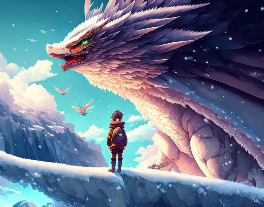 Person faces majestic dragon in snowy mountain landscape with flying dragons under vibrant sky