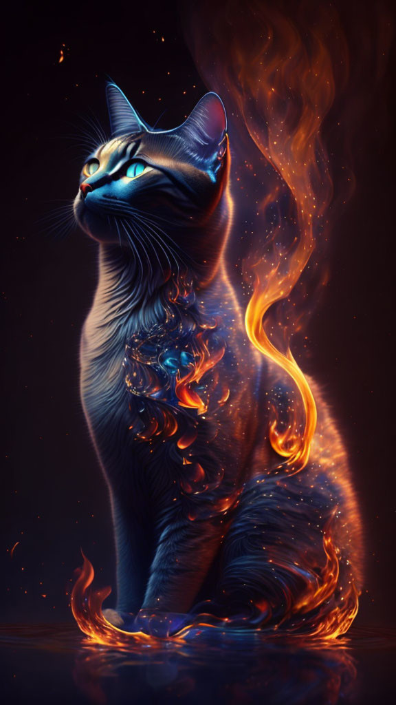 Majestic blue cat with swirling flame patterns on dark background