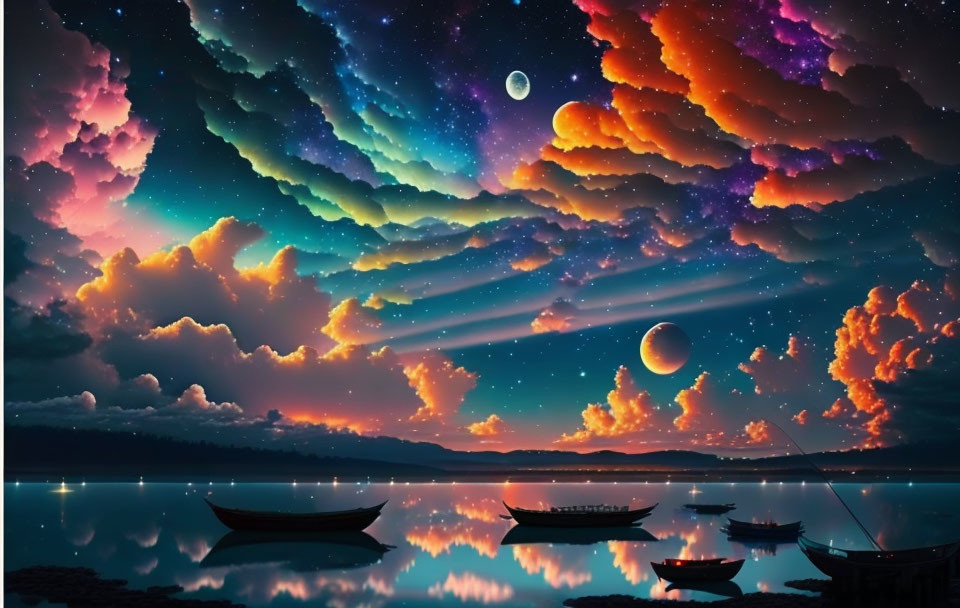 Colorful digital artwork of boats on a serene lake under a cosmic sky