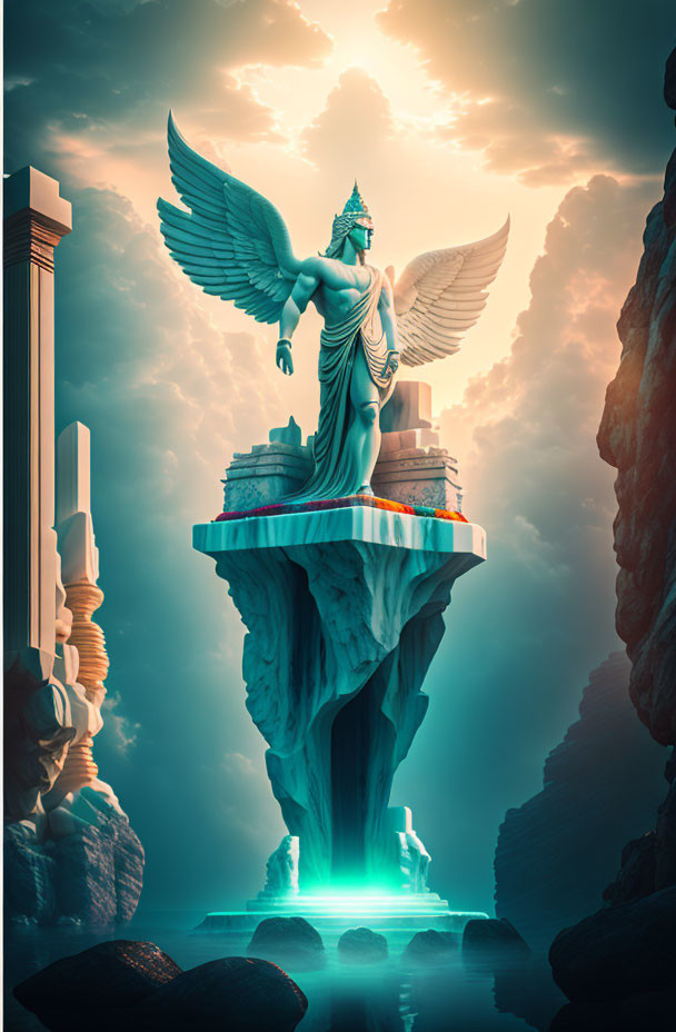 Winged statue with headdress on cliff in turquoise light