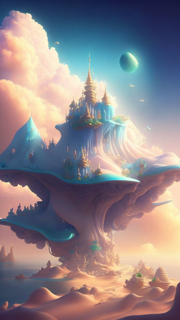 Elaborate golden spired structures on mystical floating island