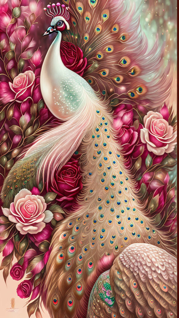 Colorful Peacock Illustration with Roses on Pastel Background